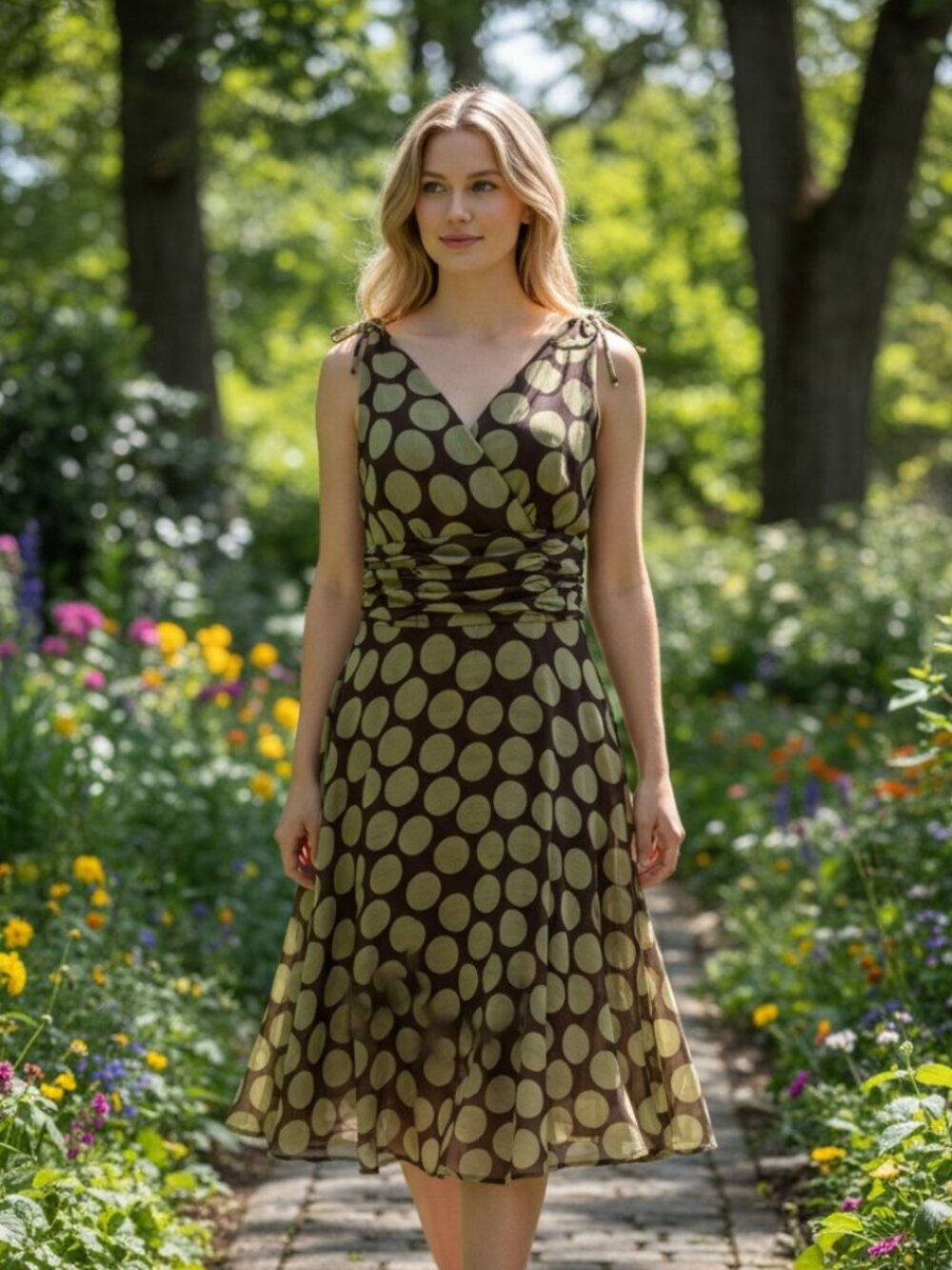 Olive Polka Dot Formal Summer Dress Size 14